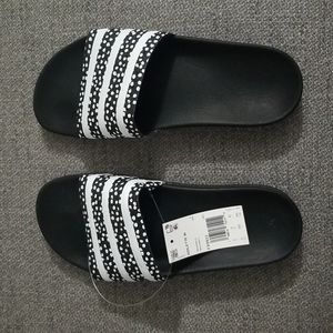 Adidas Adilette Women's Slides, Size 9, Black and White Polka Dot (New)